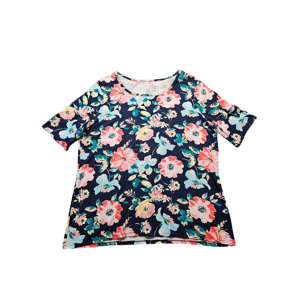 Time and Tru Womens XXL Navy Blue Floral Short Sleeve Knit Top Crew Neck Shirt